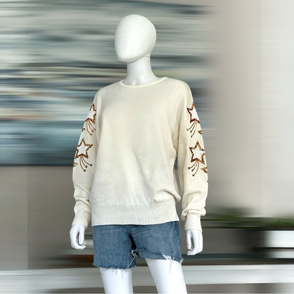 PEACH LOVE CALIFORNIA off white gold star beautiful sweater S M L - Picture 6 of 9